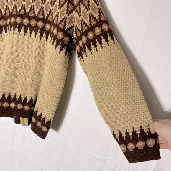 Vintage White Ram Tan Brown Fair Isle Virgin Wool Knit Button Up Cardigan M - Picture 10 of 16